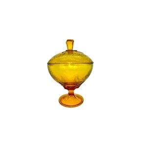Hazel Atlas Colony Pebblestone Gold Amber Candy Dish With Lid, 1960s, 7.5” Tall